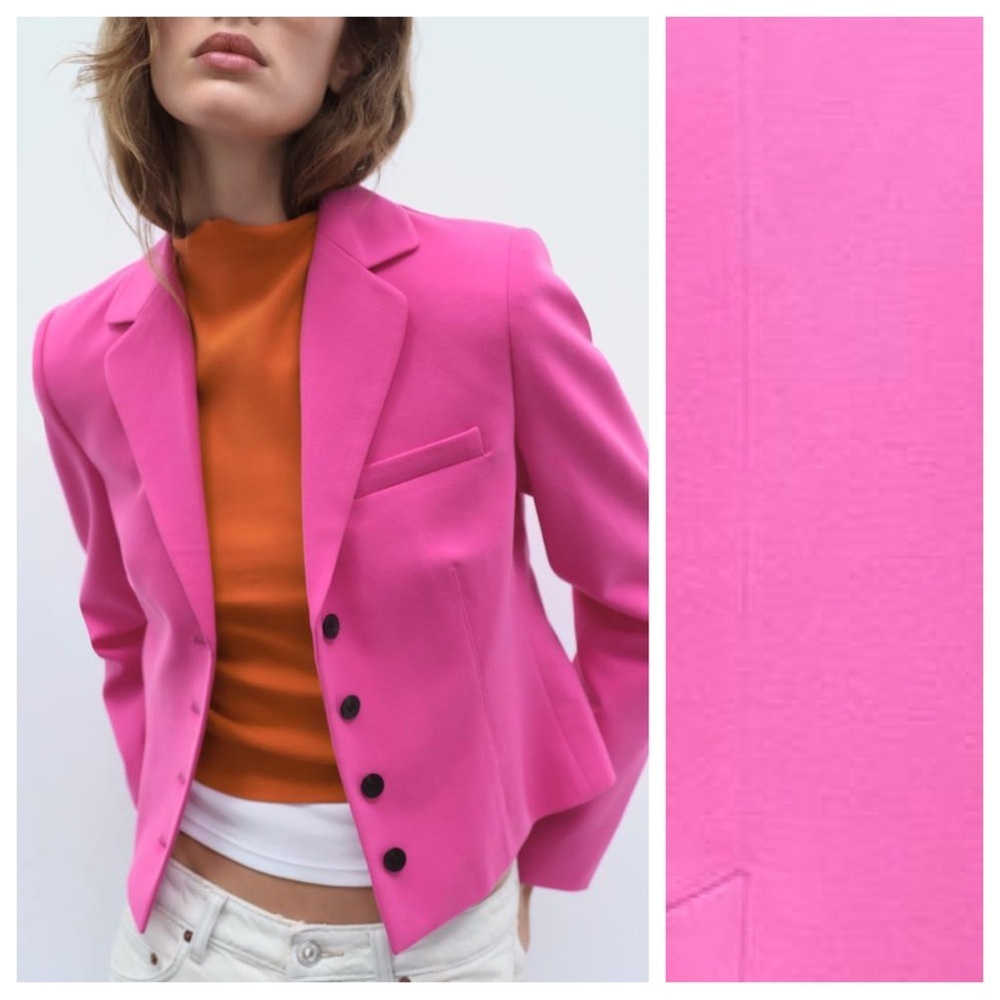NWT. Zara Fuchsia Viscose Blend Textured Fitted Blazer. Size S. - Picture 2 of 13